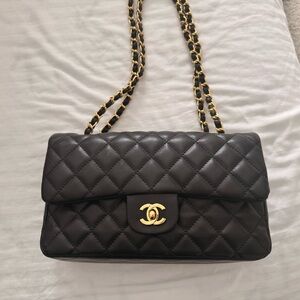 Quilted Leather Shoulder Bag in Black with Gold Hardware, adjustable strap